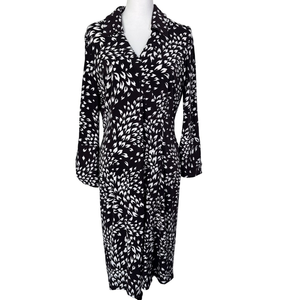 TAHARI Women's 10‎ Dark Brown White Leaf Print Collared Button Down Midi Dress
